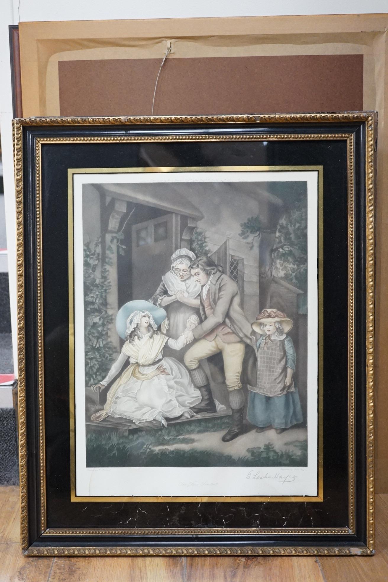 A set of six colour engravings after George Morland (1783-1804), to include the ‘Virtuous parent’ and ‘The Elopement’, together with a pair of colour prints depicting the Battle of Waterloo. Condition - varies